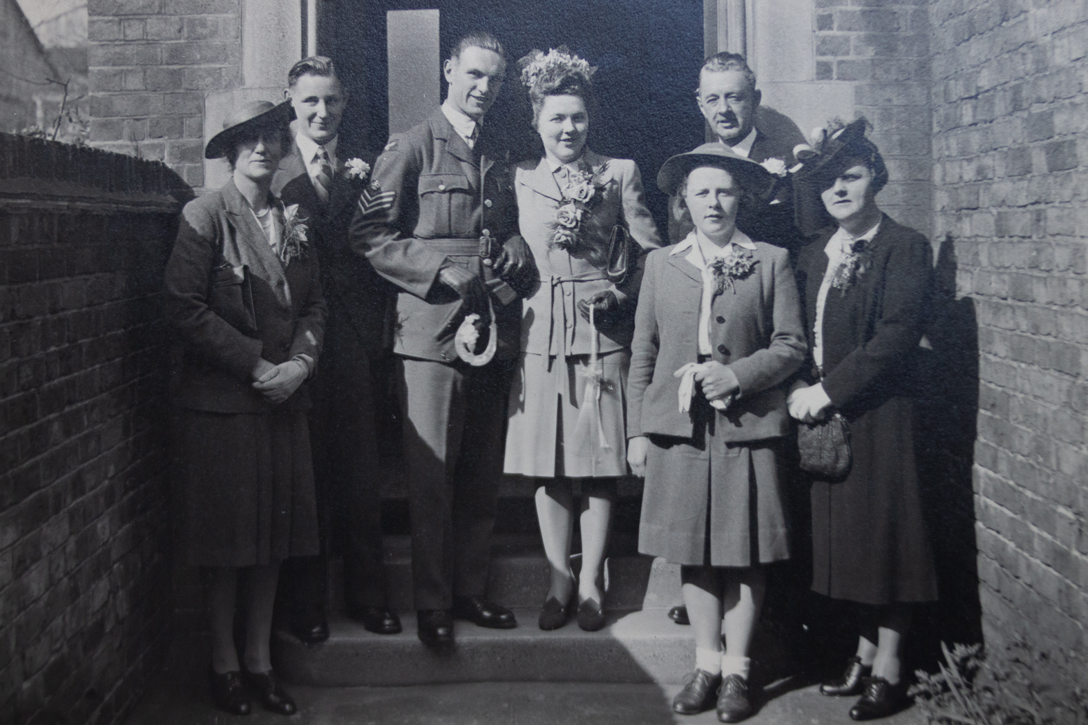 John and Margaret Vincent Wedding photo 19 April 1944 outside church with family members